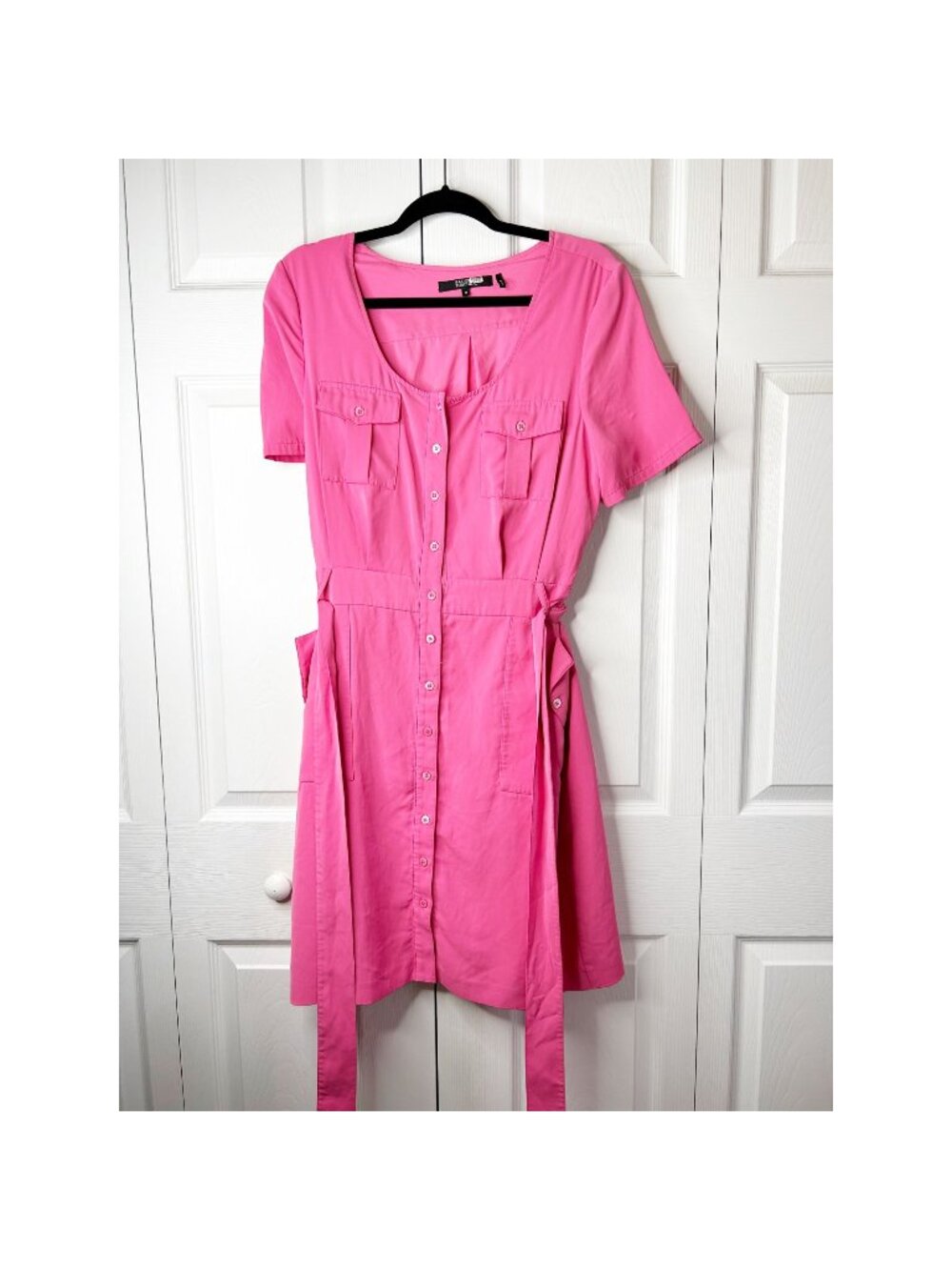 Badgley Mischka Day Hot Pink Short Sleeve Sheath Shirt Dress Women's Size 12
